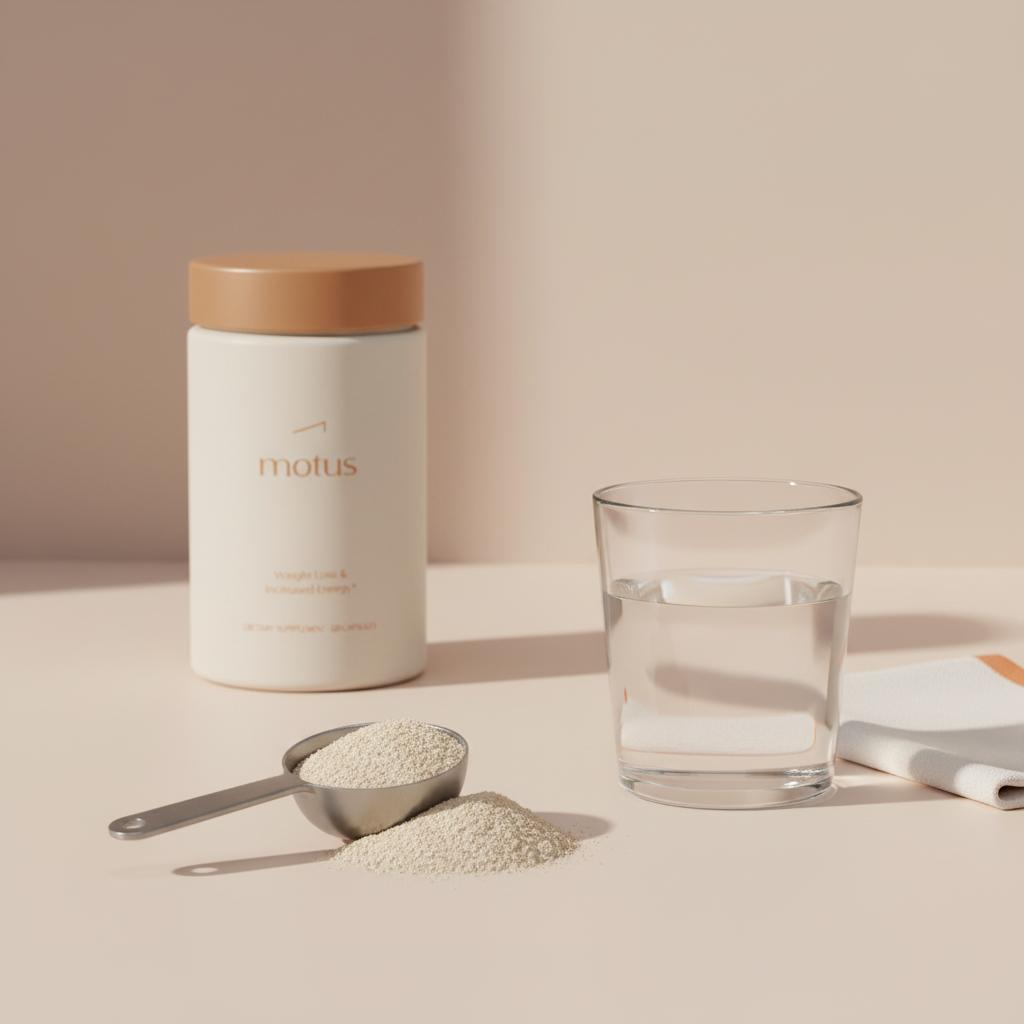 Minimal tabletop photo of a spilled measured scoop of psyllium husk beside a clear glass of water with the Motus bottle nearby — psyllium husk for weight loss