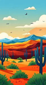 Flat Design Desert Landscape with Blue Cacti and Red Hills