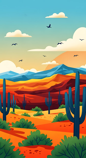 Flat Design Desert Landscape with Blue Cacti and Red Hills - Free mobile Wallpaper