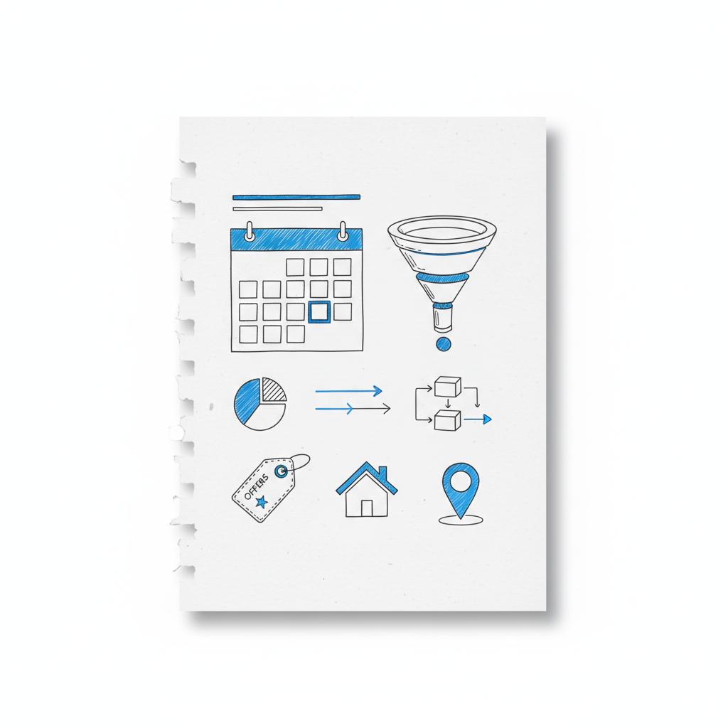 Vector notebook-style close-up of a local events calendar with icons for offers, open houses, a small funnel diagram and supporting planning sketches in Agency Visible colors &mdash; Nextdoor for business