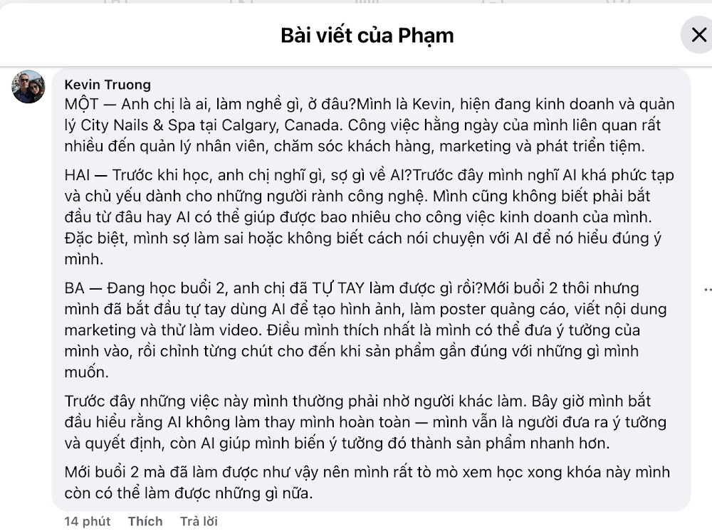 Phản hồi của Kevin Truong