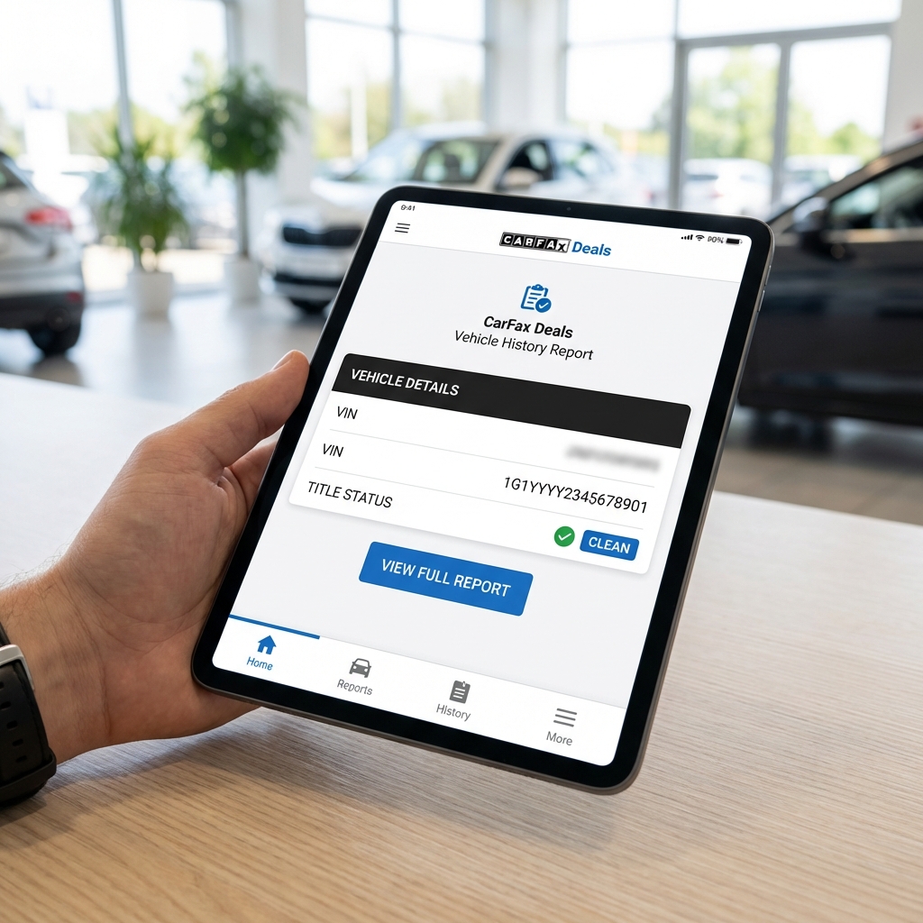 Close up of tablet showing vehicle history report with VIN and title status highlighted in CarFax Deals blue 3666ed minimalist dealership scene toyotas for sale