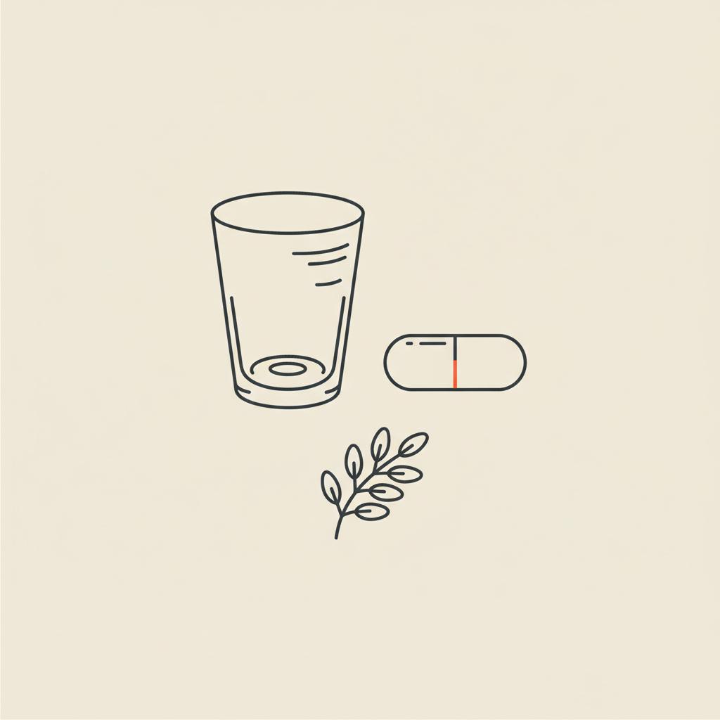 Minimal Tonum-style 2D line illustration of a water glass, a capsule and a sprig of plant-based fiber symbolizing psyllium husk for weight loss on a beige background #F2E5D5.