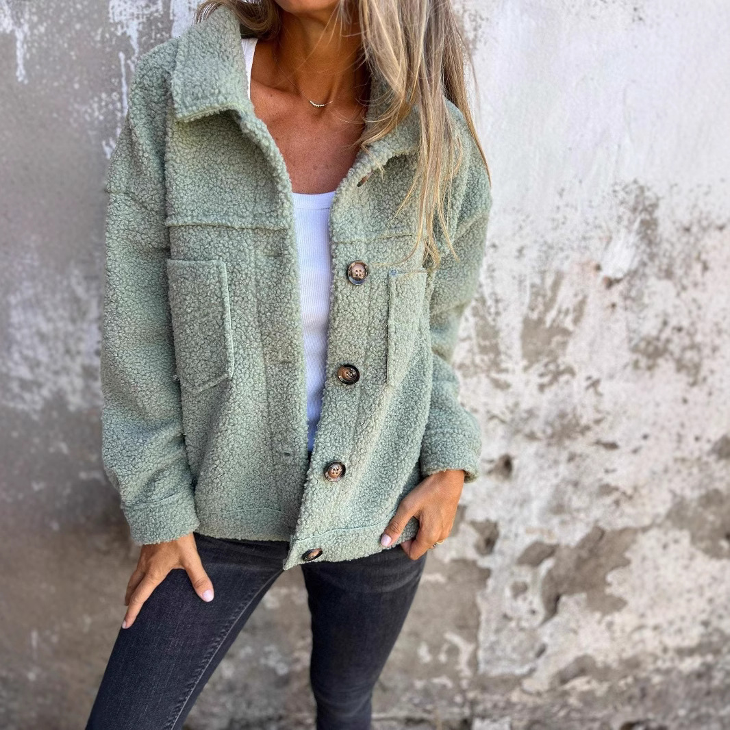 Faux shearling jacket with lapel and button closure