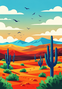 Abstract Desert Landscape Cactus Birds Retro Art