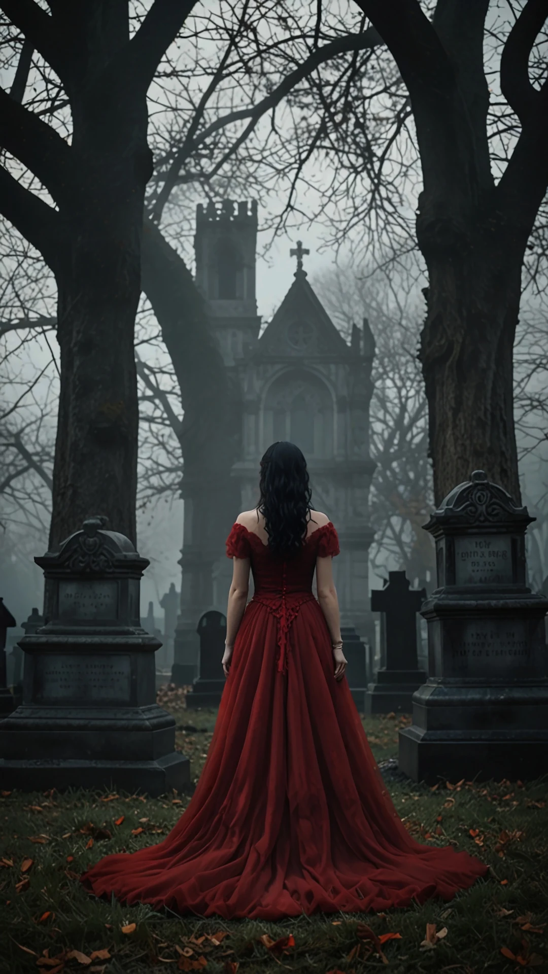 Woman in Red Gown Standing in Misty Graveyard at Dusk - Free 4K mobile Wallpaper