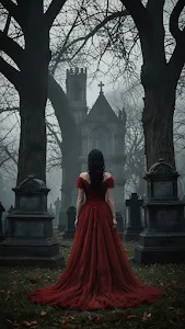 Woman in Red Gown Standing in Misty Graveyard at Dusk