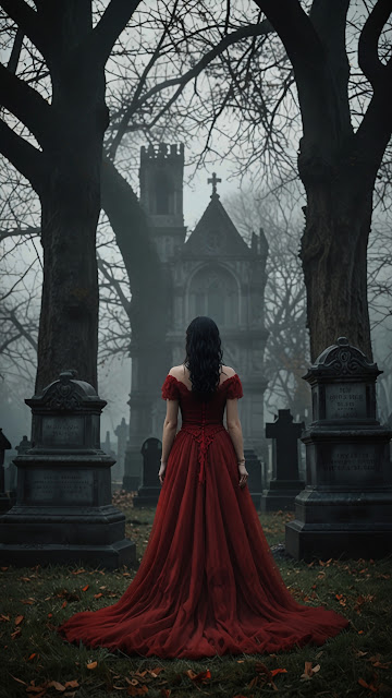 Woman in Red Gown Standing in Misty Graveyard at Dusk - Free mobile Wallpaper