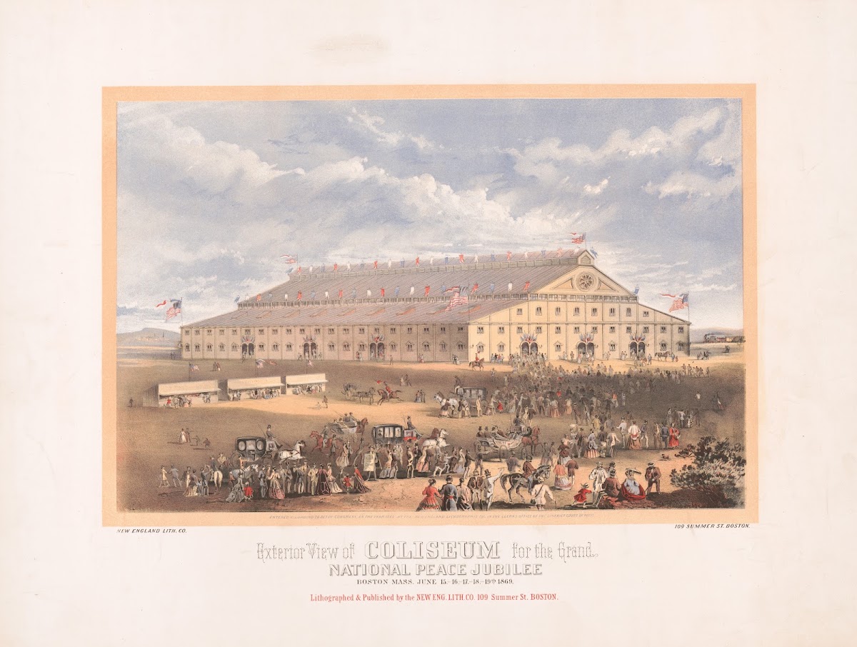 Exterior view of coliseum for the grand national peace jubilee Boston Mass June