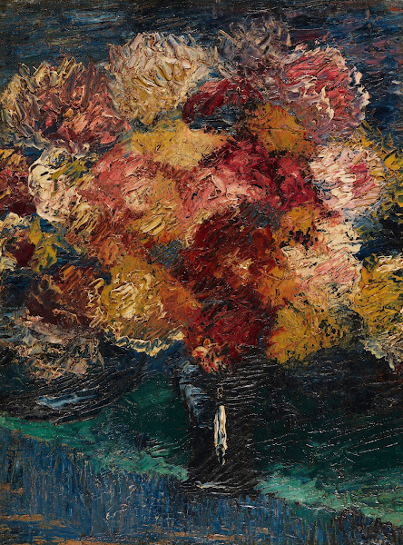 Chrysanthemen und Astern in blauer Vase 1910