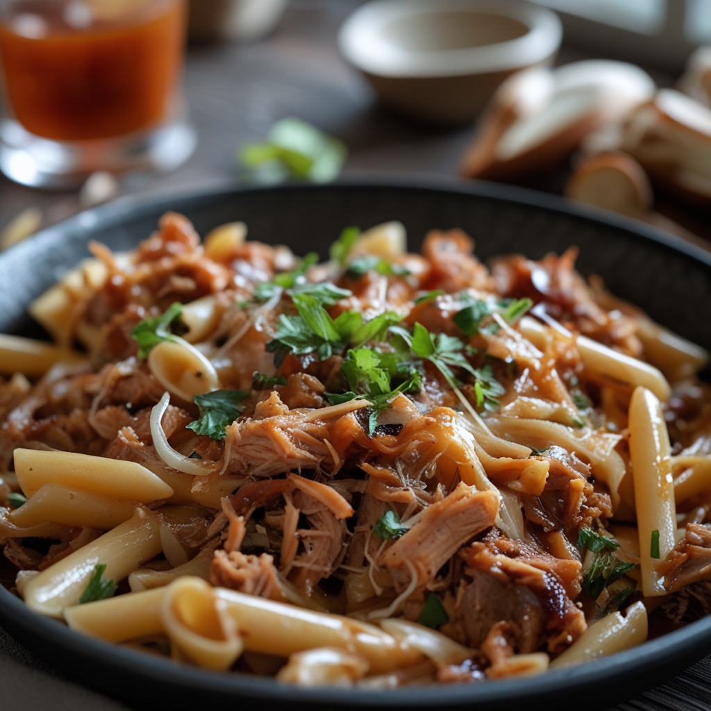 BBQ Pulled Pork Pasta Onion - Easy Homemade Comfort Food Recipe