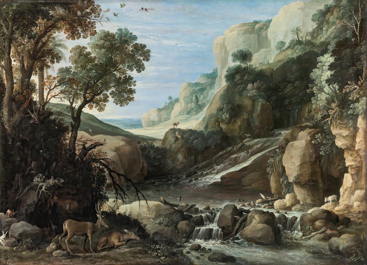 Mountainous Landscape With Wildlife Around A Cascade 1619