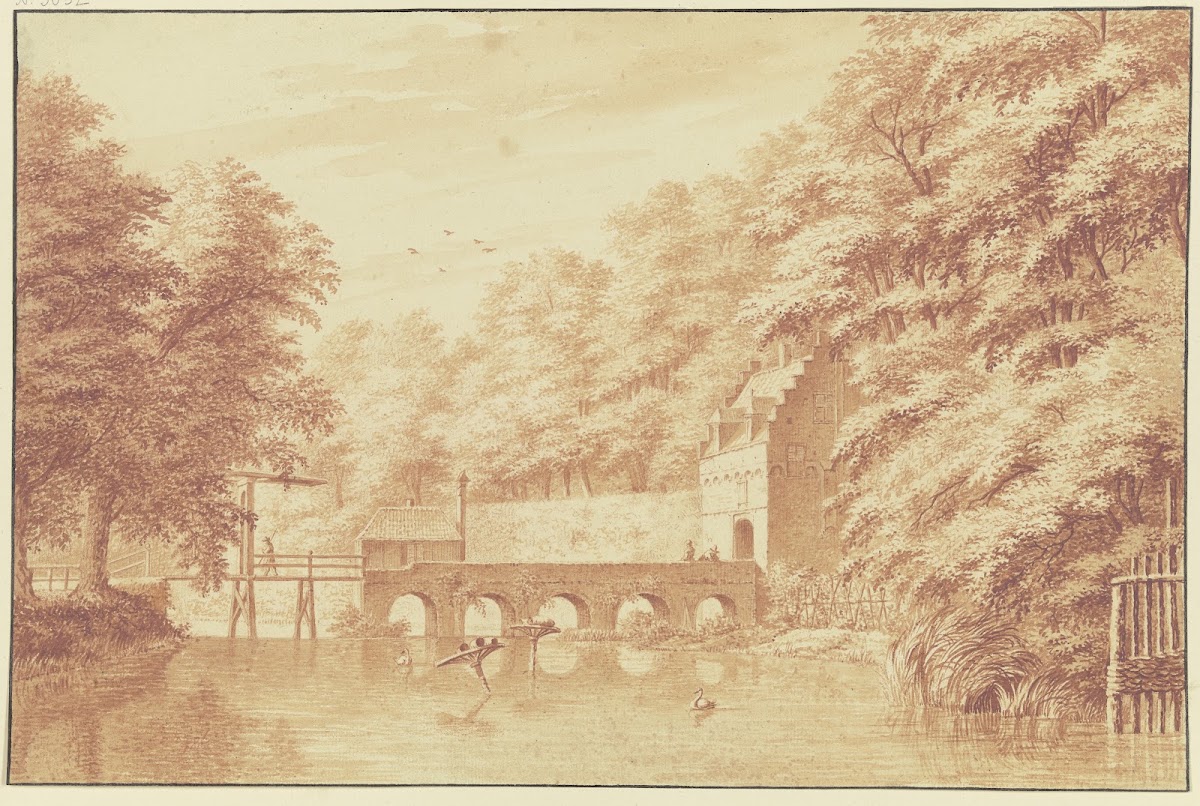 Über ein Wasser führt eine Steinbrücke von fünf Bögen nach einem Parktor auf dem
