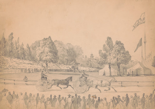 Two harness racing horses pulling their sulkies on race course 1856