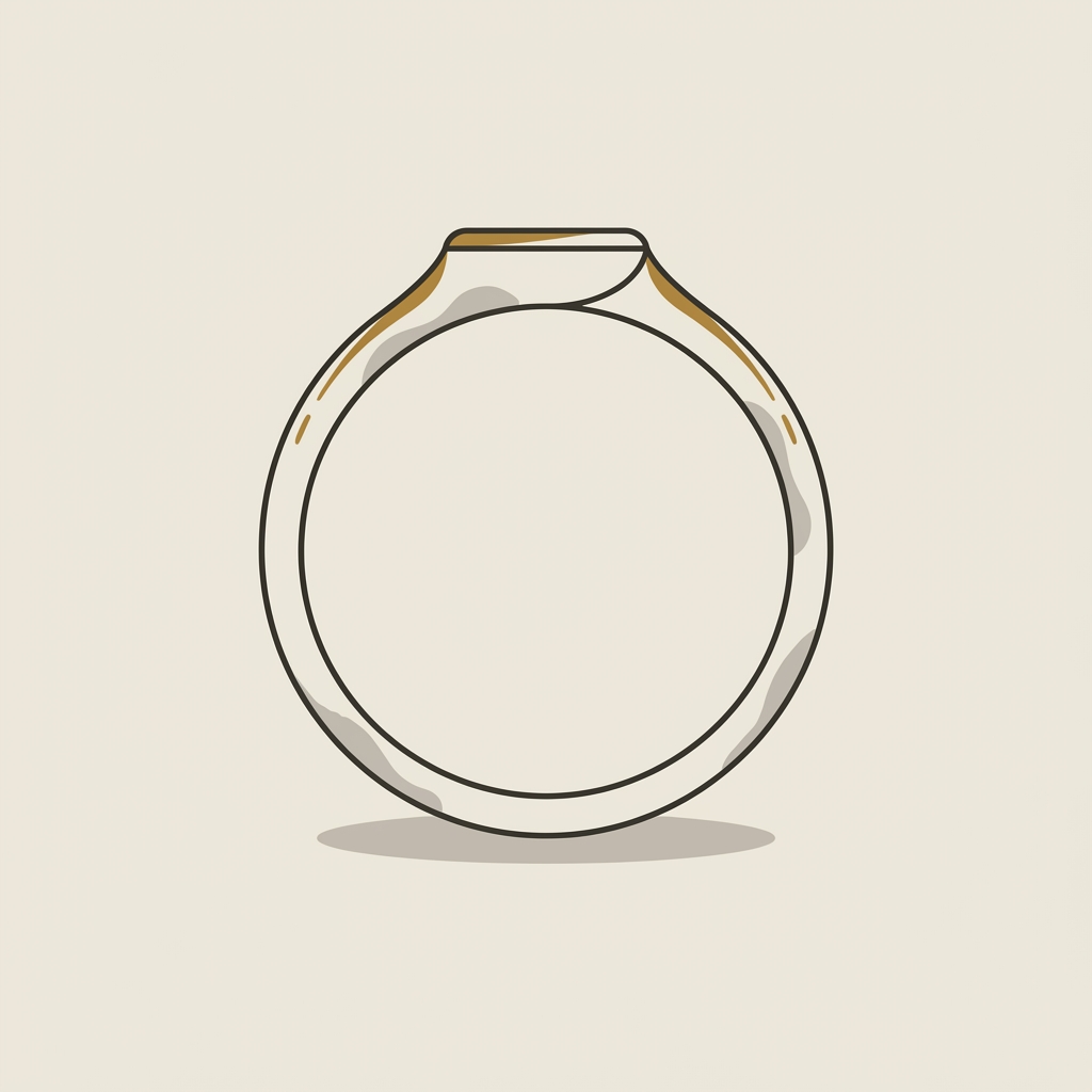 Minimal 2D vector side profile of a classic ring showing hoop shoulders and subtle patina on neutral background romanjewelry