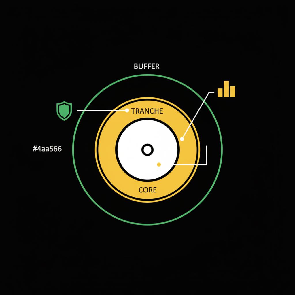 Vector diagram of three concentric circles with icons for buffer tranche and core illustrating how to start a hedge fund in Finance Police colors