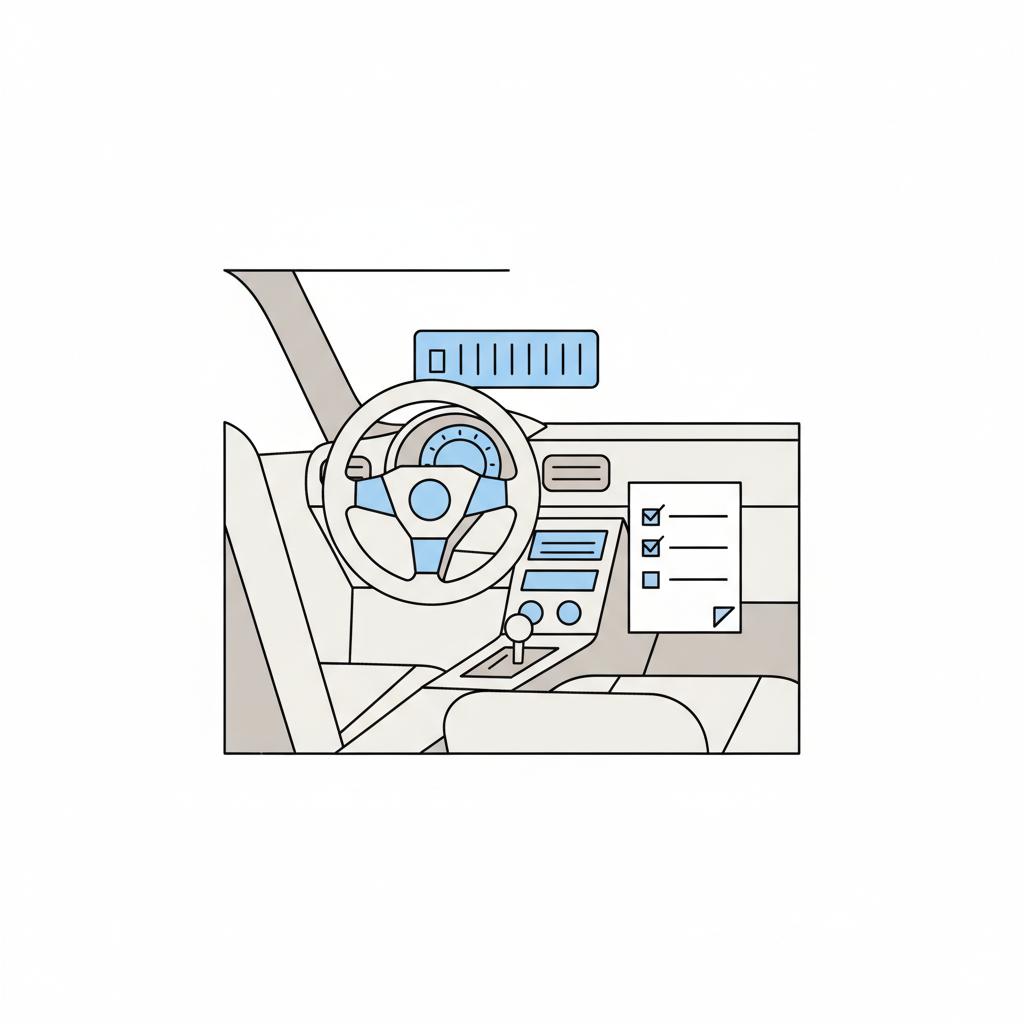 Minimalist vector car interior showing steering wheel odometer and a printed checklist with checked boxes on the passenger seat used honda civic for sale