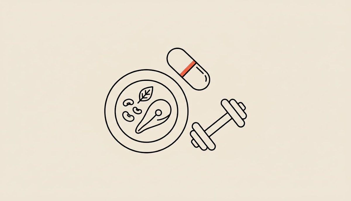 Minimalist vector line illustration of a protein-rich plate, a small dumbbell, and a capsule on a beige background symbolizing losing weight while premenopausal