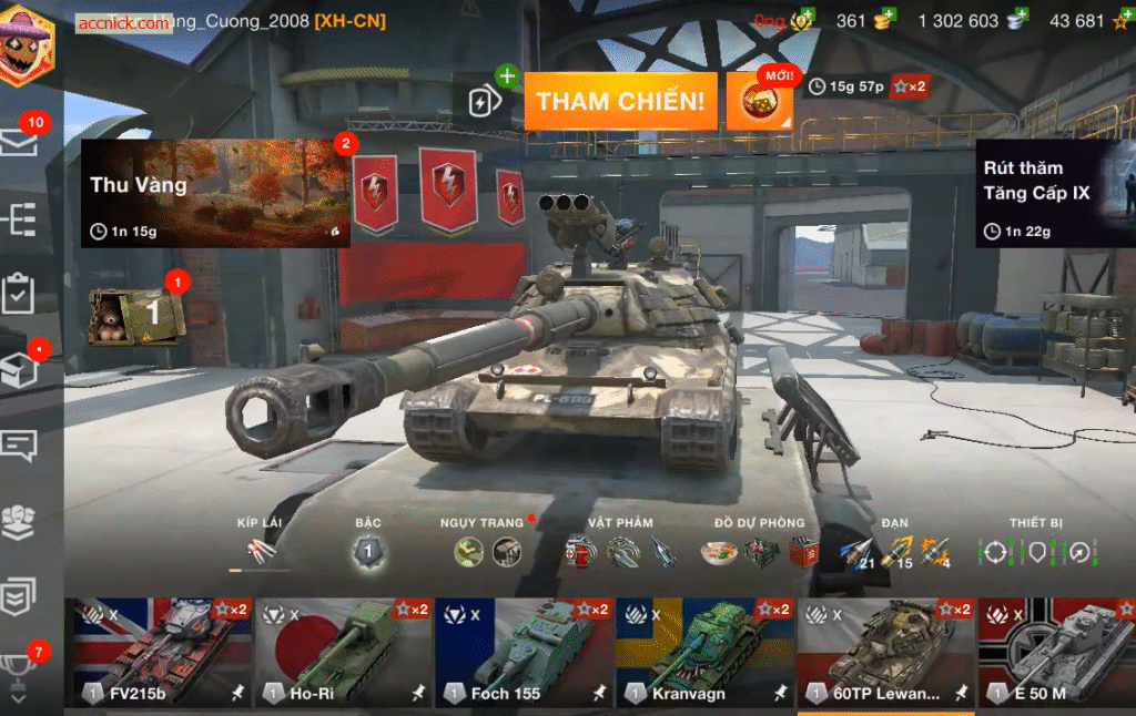 Bán acc wot blitz khủng 22 xe có sẵn, 8 tank cấp 10 như: FV...