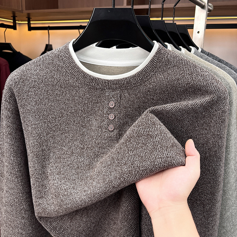 Men's Knit Sweater, Round Neck, Long Sleeve, Fake Layer Look