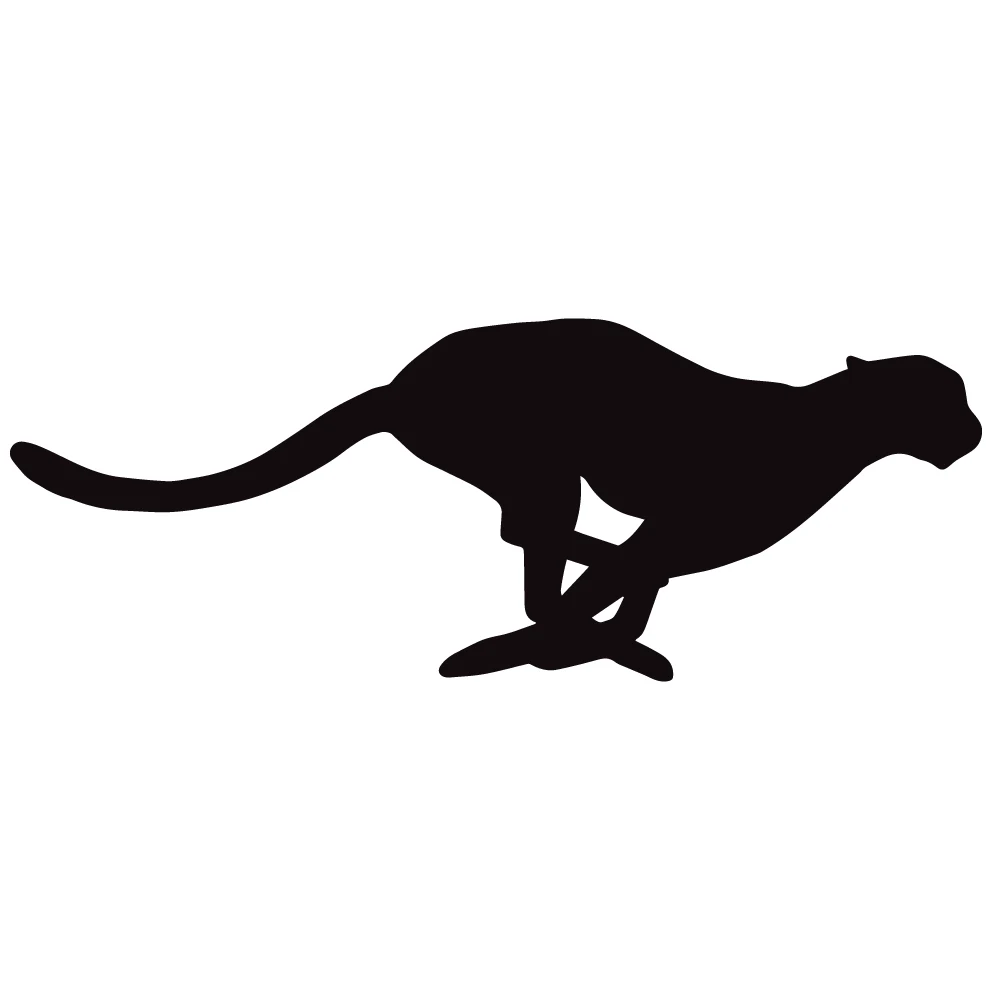 A black silhouette of a cheetah in a full-speed running pose against a white background.