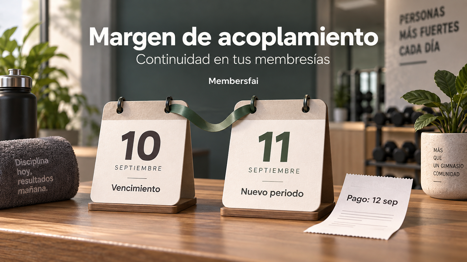 Calendarios que muestran un vencimiento el 10 de septiembre, un nuevo periodo desde el 11 y un pago el 12, en Membersfai