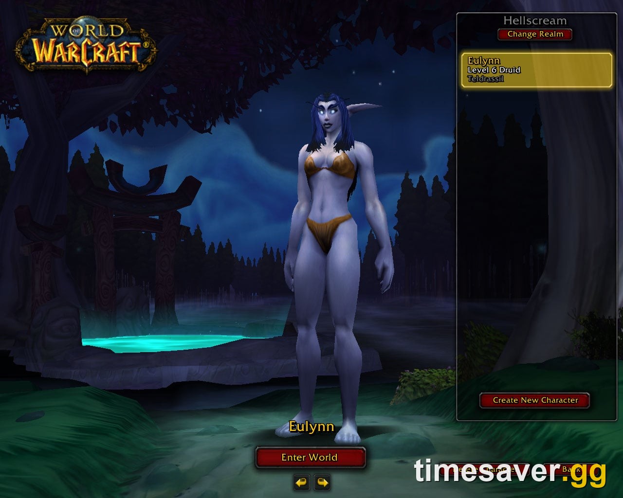 Classic WoW character-select screen with a low-level druid in Teldrassil — starting over at level 1 on a fresh Forever realm