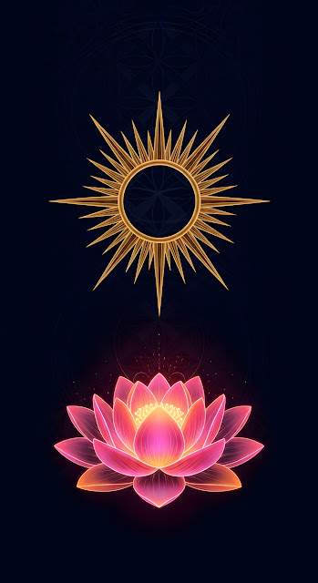Intricate Golden Sun and Glowing Lotus Flower Mandala on Dark Blue - Free mobile Wallpaper
