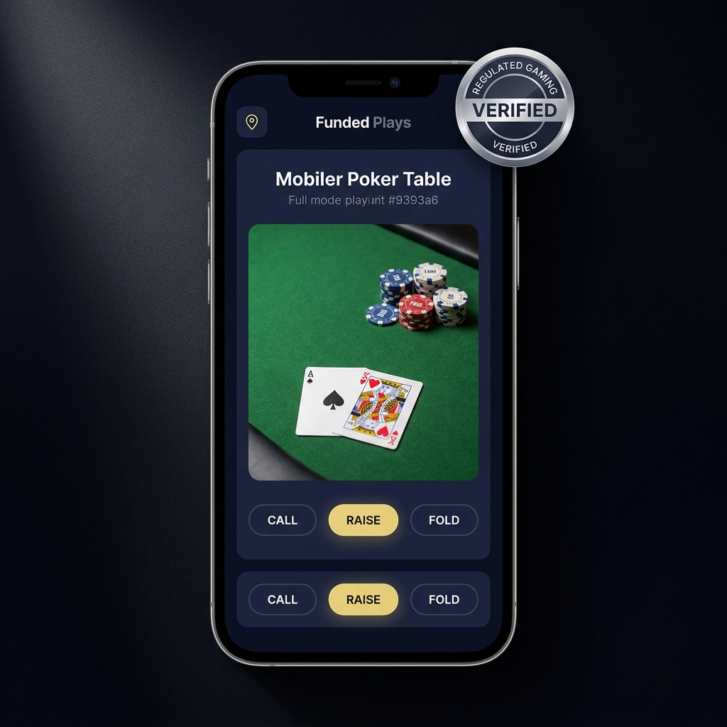 Close up mobile poker table UI on smartphone with geolocation icon and regulator badge overlay in Funded Plays aesthetic americas cardroom sportsbook