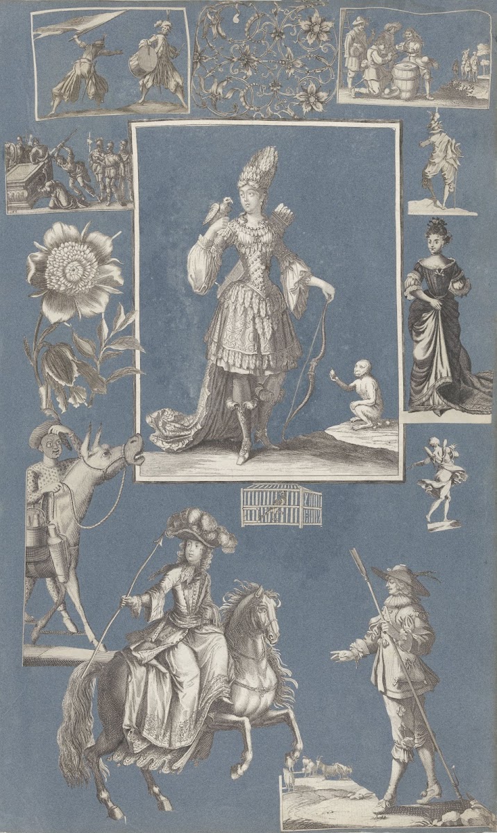 Collage of cut out prints pasted on blue paper Pl 03 1585