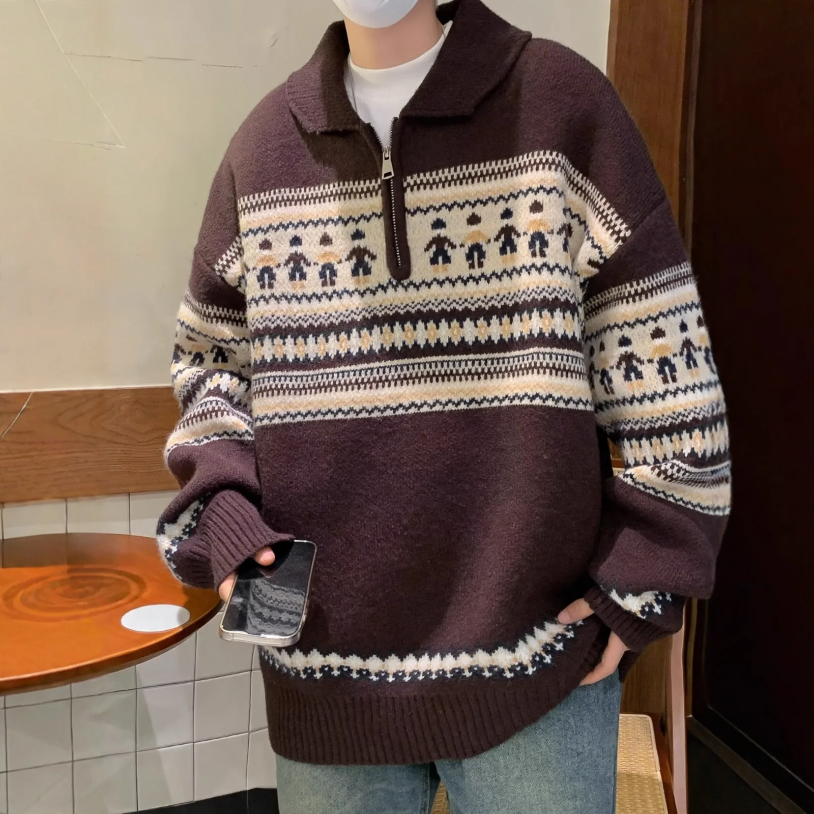 Christmas Knitted Sweater, Polo Collar, Vintage Style