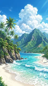 Anime Style Illustration of a Tropical Beach with Palm Trees and Lush Mountains