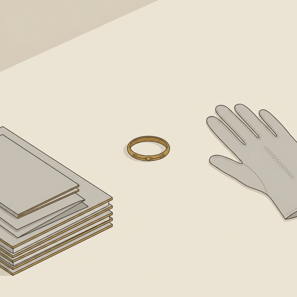 Minimalist 2D vector desk scene with an ancient egyptian rings gold band beside catalogues provenance notes and a conservator glove on a warm neutral background