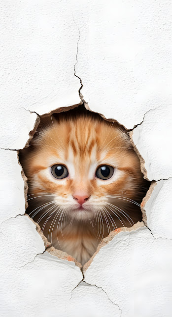 Cute Ginger Cat Peeking Through a White Wall Hole - Free mobile Wallpaper
