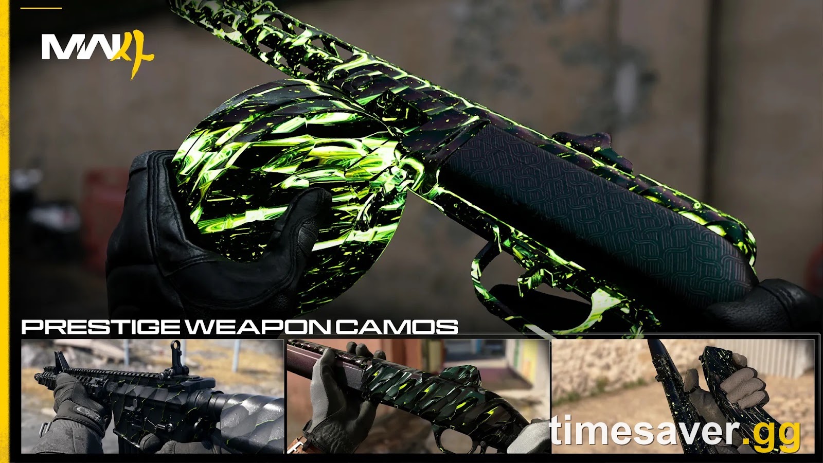 Modern Warfare 4 Prestige weapon camos shown at Call of Duty: NEXT — a green crystalline camo applied across multiple weapon platforms