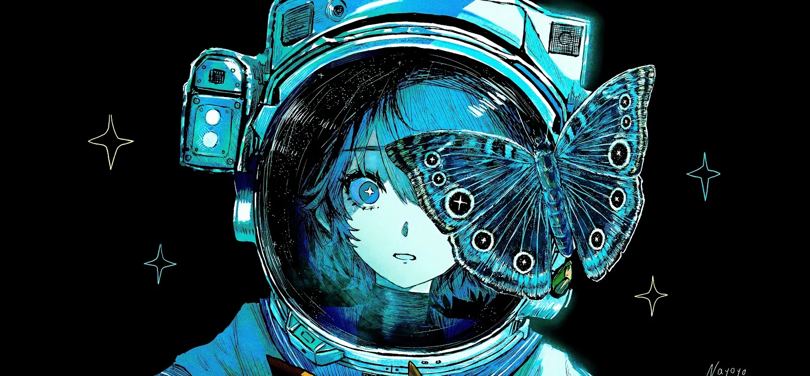 Anime Astronaut With Blue Butterfly - Digital Anime Art 4K Wallpaper (6094x2832)