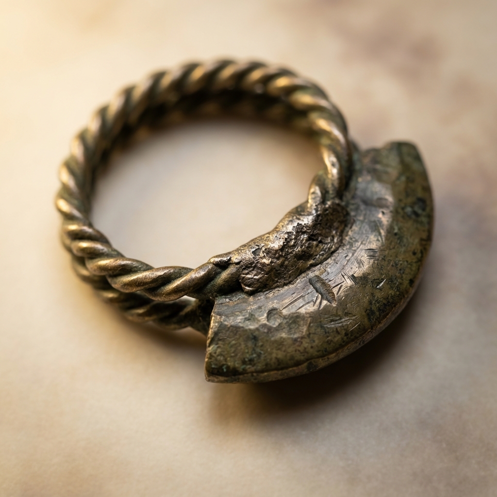 Macro full frame image of ancient roman earrings showing a soldered join and twisted wire hoop on bronze with visible patina and construction marks on a warm parchment background