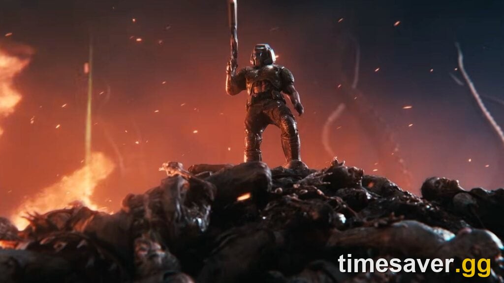 A Doom-themed Black Ops 7 operator standing over a hellscape with a blade raised