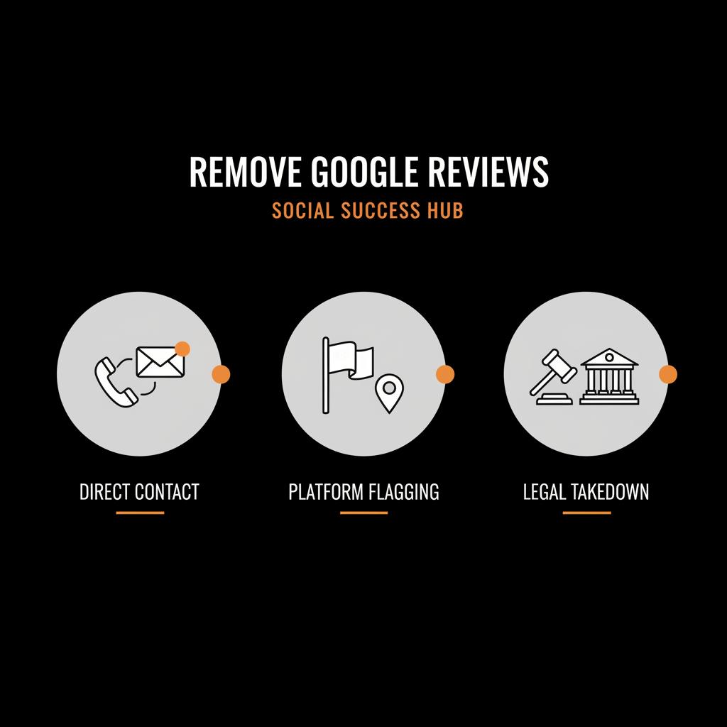 Minimal vector infographic showing three pathways to remove Google reviews — direct contact, platform flagging, legal takedown — on a black background using Social Success Hub brand colors.
