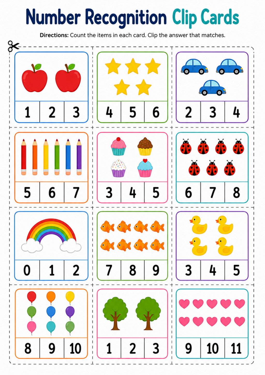 Number Recognition Clip Cards Worksheet