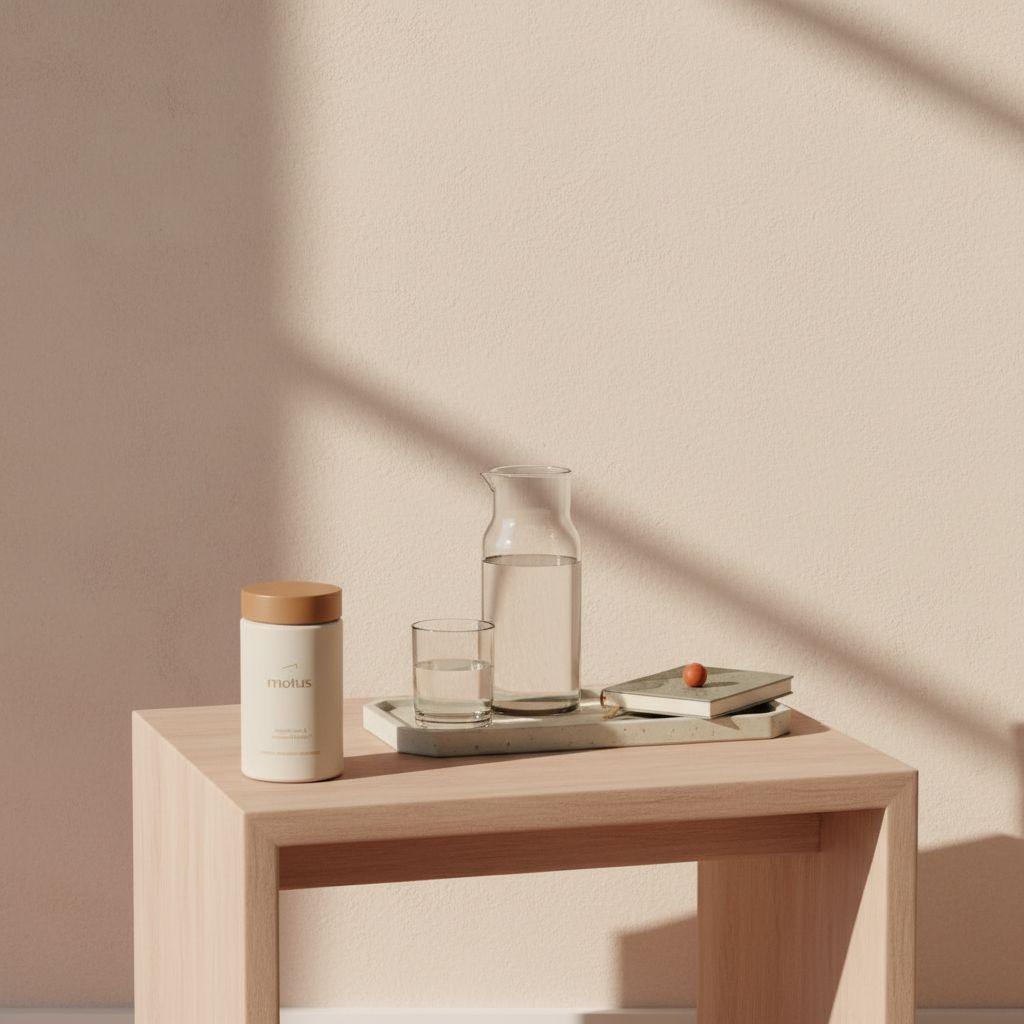 Tonum Motus supplement bottle on a minimalist bedside table with a water carafe and journal in soft morning light — which supplement is best for fast fat loss
