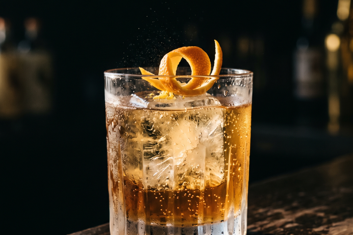 A finished cocktail with a large ice cube and an orange twist on a dark bar