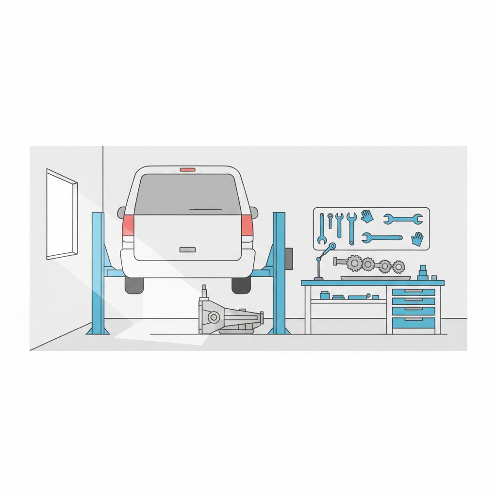 Minimalist 2D vector of a minivan transmission on a workbench in a bright garage representing toyota sienna for sale inspection