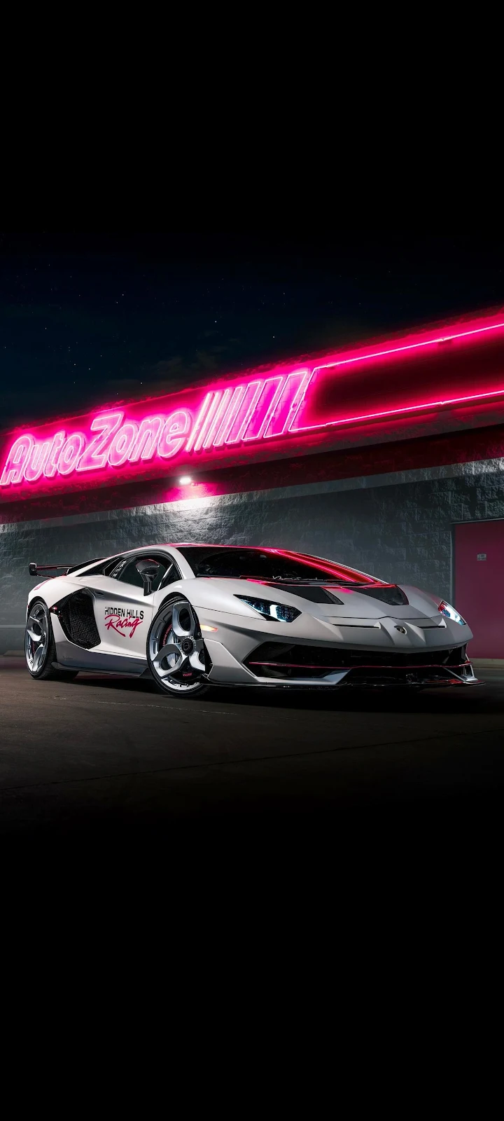 White Lamborghini Aventador Neon Night - Automotive Photography Full HD iPhone Wallpaper (1370x3044)
