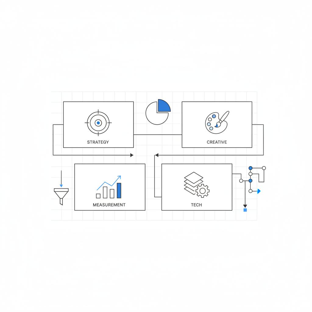 2D vector layout for top marketing companies: segmented campaign boxes for strategy, creative, measurement and tech on a clean white background with blue accent highlights.