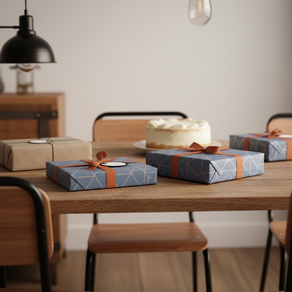 Intime Esstisch-Szene mit Geschenken und Vanillekuchen, Fokus auf Geschenkverpackungen im warmen industriellen Stil, minimalistisch, gutscheinideen geschenk