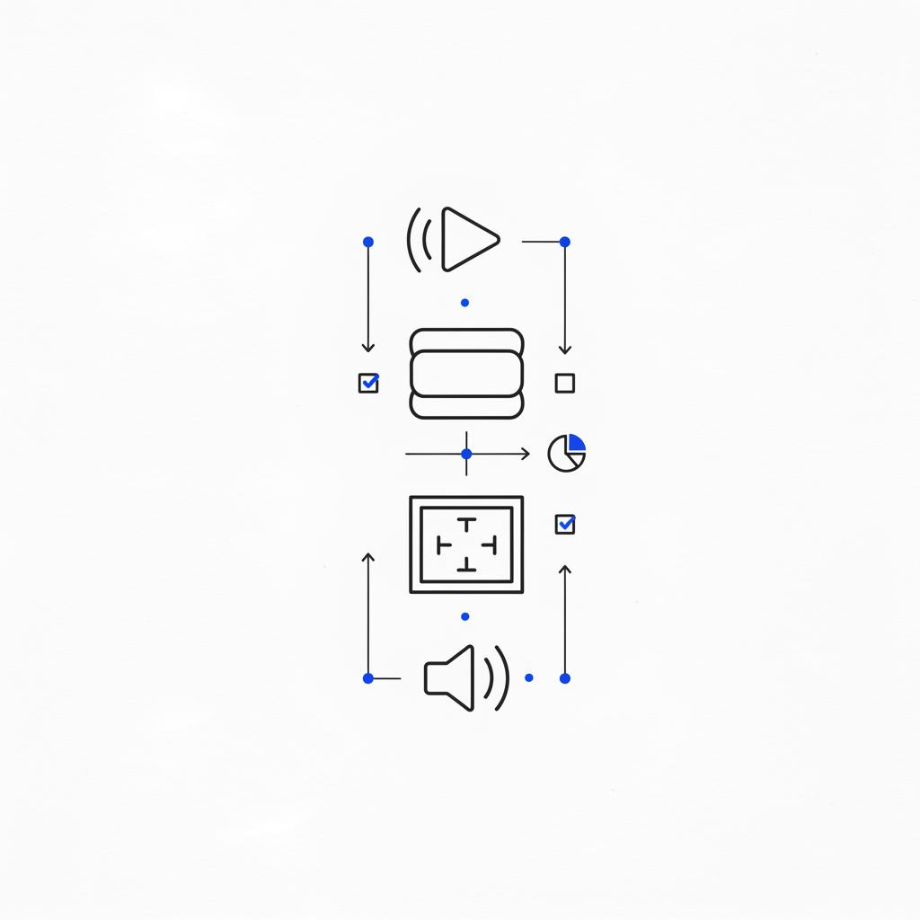 Vector flat-lay checklist for TikTok 3-second rule: four icons (motion, text overlay, thumbnail alignment, audio) linked by arrows on a white background