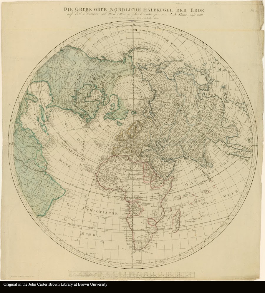 1800_Die Obere Oder Nördliche Halbkugel Der Erde auf den Horizont von Wien Stereographisch entworfen von J. A. Ecker Aufs neue verbessert herausgegeben von P. J. Schalbacher