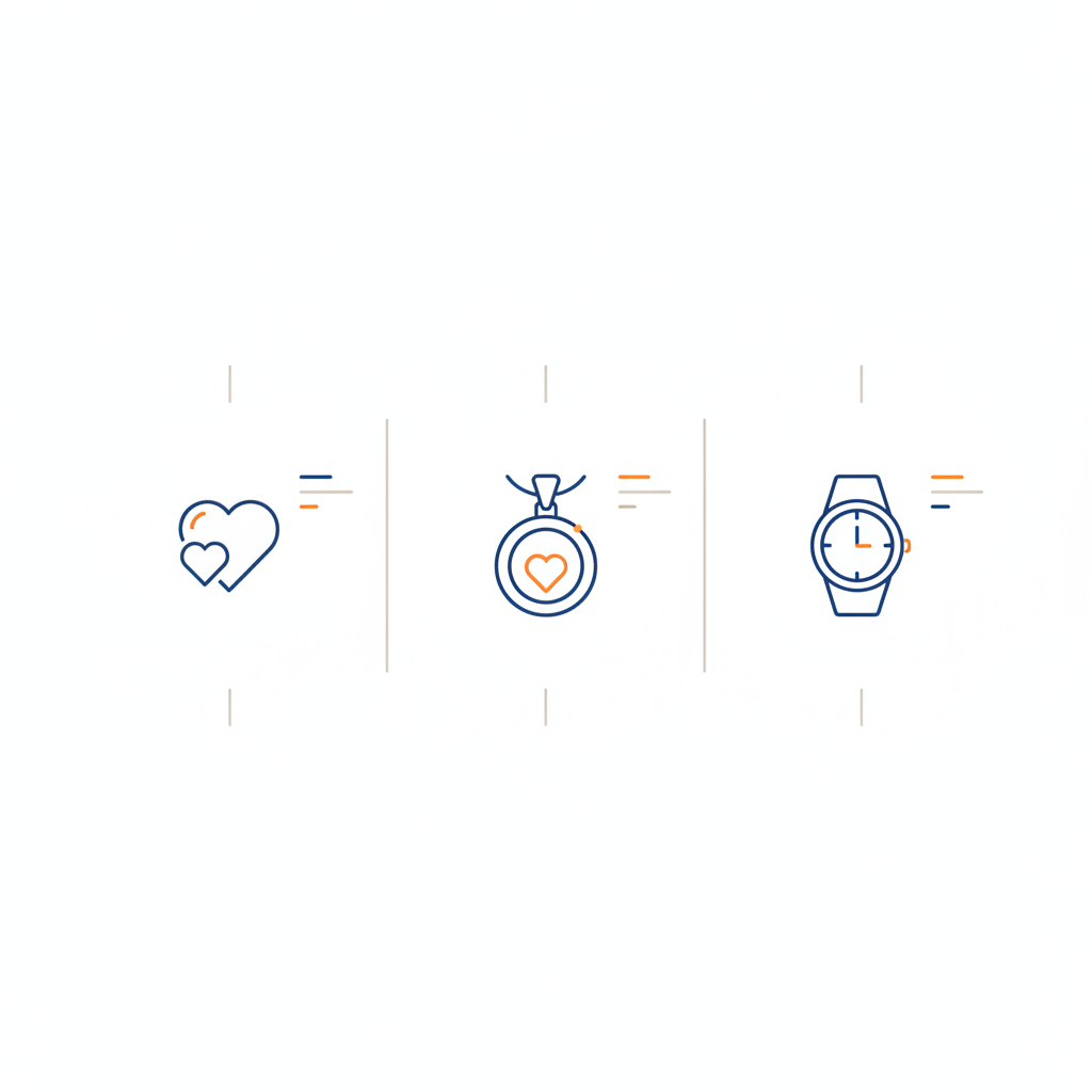 Minimalistische 2D-Vektor-Infografik mit drei Icons (Herz, Anhänger, Uhr) in Steelmonks-Farben, geeignet für geschenkideen für sie