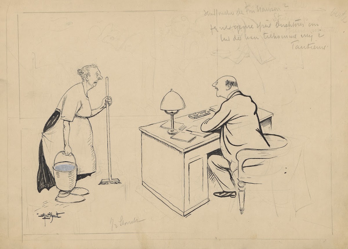The cleaning lady visits the director in his office to ask for a share of the pr